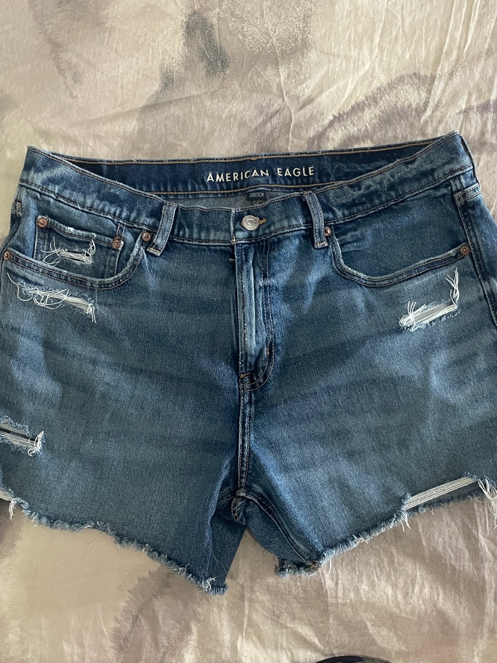 American Eagle Dark Blue Distressed Jean Shorts, 12